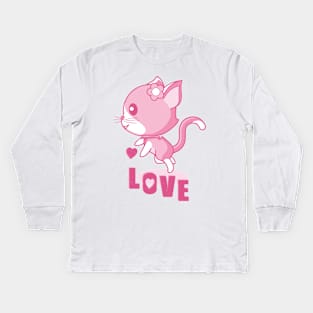 Hovering pink kitten in love. Kids Long Sleeve T-Shirt